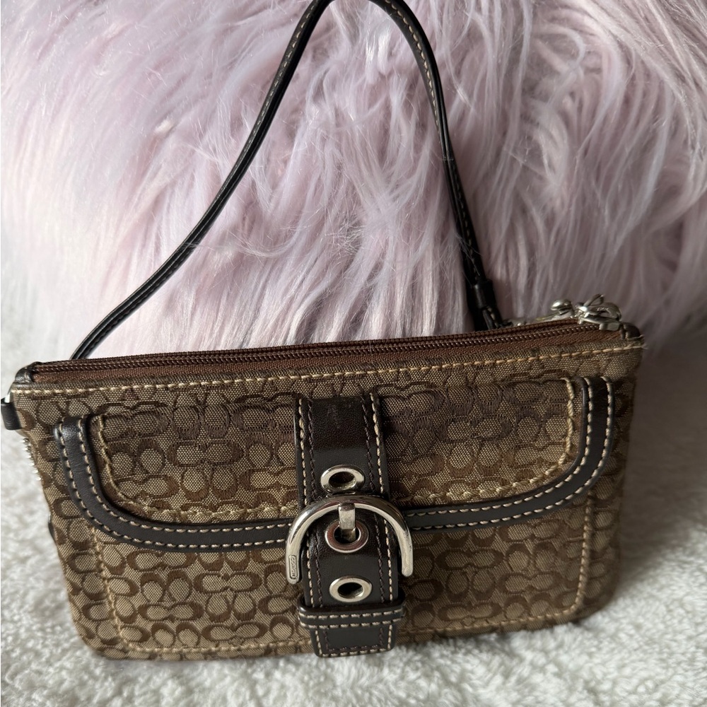 Coach Signature Brown Wristlet with Buckle Detail